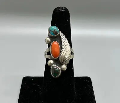 Old Pawn Navajo Coral And Turquoise Ring  Size 7 1/2 • $95