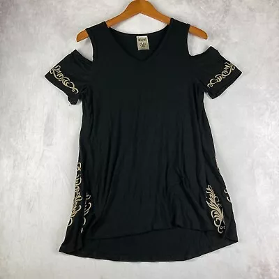 Vocal Tunic Top Womens Large Black Cold Shoulder Short Sleeve Embroidered A-Line • $16.95