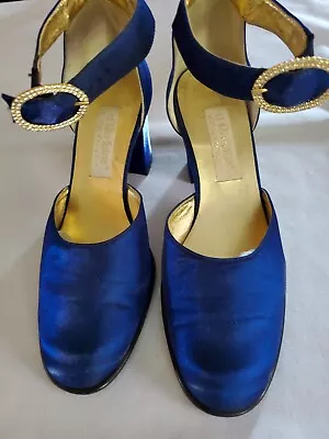 VTG D'Rossana Couture Women's Pumps Cobalt Blue Satin Ankle Strap 6M.  GORGEOUS! • $49.95