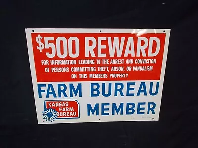 Vintage Kansas Sign Farm Bureau $500 Reward Insurance Security Property Warning • $79