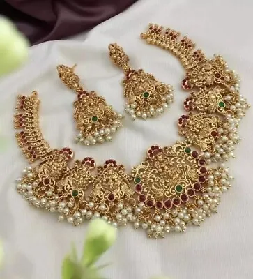 South Indian Style Necklace Bollywood 22k Gold Plated Bridal Temple Jewelry Set • £21.68