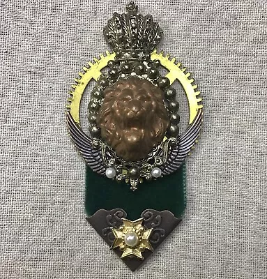 Steampunk Brooch/Airship Medal- Lion Crown Wings Gear Green Velvet Ribbon • $30