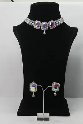 £7.99 • Buy Necklace Earrings Square Crystal Pearl Choker Beads Traditional Jewellery Set