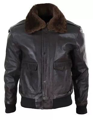 Mens Real Leather Aviator Bomber Jacket Removable Fur Collar Pilot Flying Jacket • £124.99