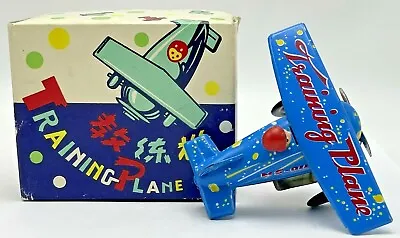 Vintage Training Plane Wind Up Tin Litho Toy Airplane Blue • $39.95