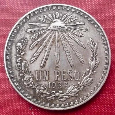 1933 Mexico 1 Peso .720 Silver Coin; Un Peso Plata .720 Fine: Very Good • $26