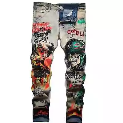 New Men's Stretch Distressed Skull Punk Rocker Skater Graffiti Hip Hop Jeans 32 • $52.79