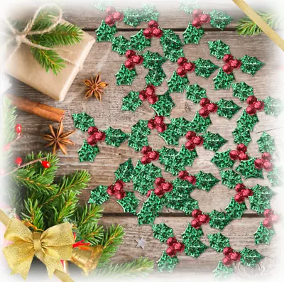 100x Artificial Leaf Mini Holly Berry Triple Christmas Leaves For Gift Tag Card • £2.07