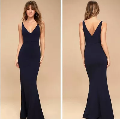 Lulus Womens M Maxi Dress Melora Navy Blue Sleeveless Mermaid Hem Double V-Neck • $40