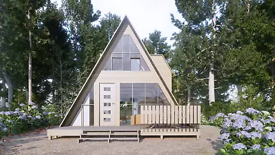 A-Frame Cabin Wood House Plan & Modern Style 3D ImagesPDF Blueprints With DWG • $50