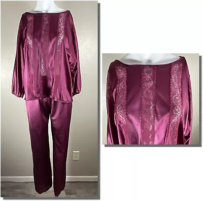 Vintage Blackberry Nylon Silky Lacey Pajama Lounge Set Slippery Panties Top M • $39.99