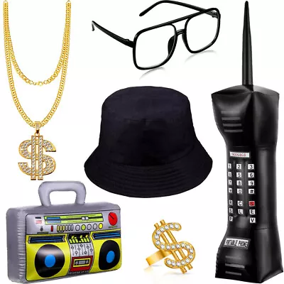 6Pcs 80s/90s Rapper Costume Set Bucket Hat Necklace Ring Accessories Party Prop • £19.69