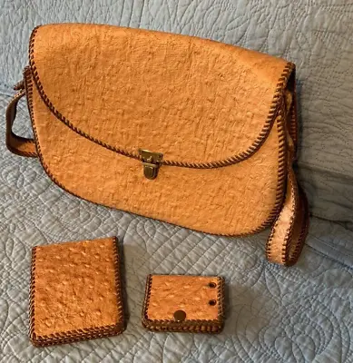 VTG Ostrich Leather Saddle Crossbody Handbag Tan W/ Wallet & Key Holder Hobo • $35.99