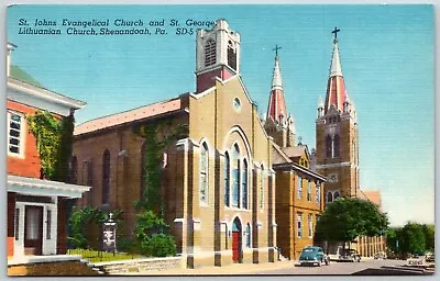 St Johns Evangelical Church & St George Lithuanian Church Shenandoah PA Postcard • $4.98