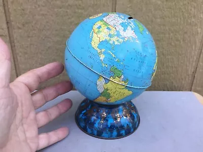 Ohio Art Tin Metal Globe Bank Zodiac Base 7  Vintage Planet Earth Map No Stopper • $15