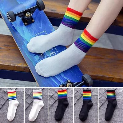 Rainbow Cotton Socks LGBT Gay Les Proud Striped Socks Novelty Happy Socks Gifts • £3.48