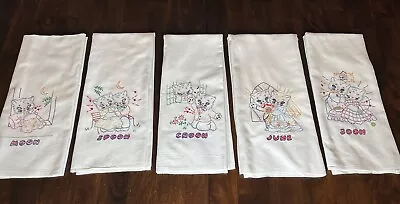 5 Vtg Embroidered Cat Dish Towels Moon Spoon Croon June Soon Tea Towels Set • $37.50