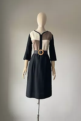 Vintage 50s 1950s Wool Boucle Colorblock Tan Black Belted Dress MEDIUM Med M • $157