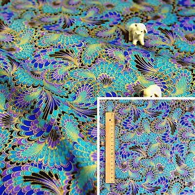 £3.49 • Buy JAPANESE BLUE PURPLE Meter/Squares Cotton Fabric Oriental Kimono Peacock Feather