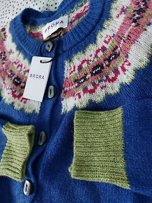 BNWT Brora Wool Fair Isle Yoke Cardigan - UK 12 - M Blue Green • £99.80