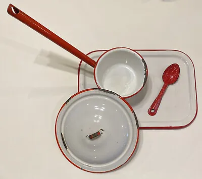 Vintage Red White Enamelware Lot Pot Ice Box Pan Lid Ladle Dipper Speckle Spoon • $15