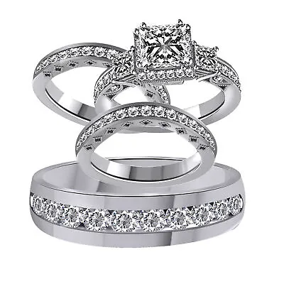 4Pc His & Her Matching Simulated Diamond Bridal Wedding Band Ring Set 925 Silver • $182.49