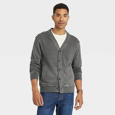 Men's V-Neck French Terry Cardigan - Goodfellow & Co Charcoal Gray S • $11.99