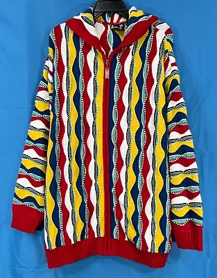 VTG 90's BLUEZ Colorful KNIT Hip-Hop BIGGIE Full-Zip POCKETS Hooded SWEATER 2XL • $94.42