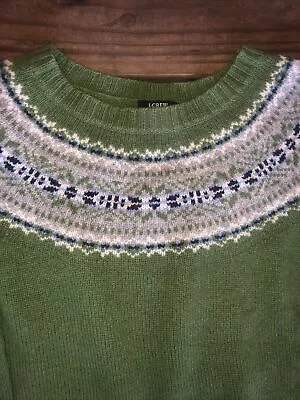 J. Crew Fair Isle Crewneck Sweater Lambs Wool Olive Green Women’s M Nordic Yoke • $40