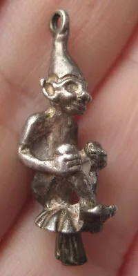 VTG English Sterling PIXIE~GNOME~ELF ON MUSHROOM Silver Bracelet Charm • $18