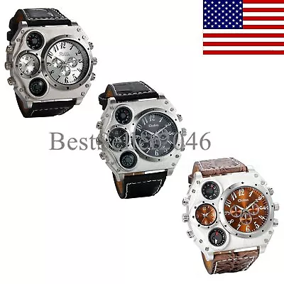 Luxury Mens Army Sports Two Time Zone Big Dial Leather Strap Quartz Wrist Watch • $18.99