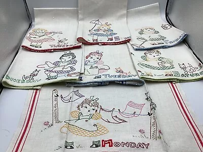 Vintage Hand Embroidered 7 Days O Week Kitchen Dish Tea Towels Full Set Kitten • $39