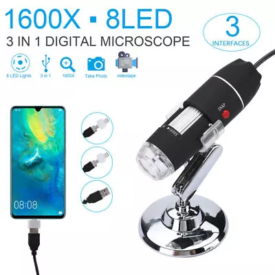 3 IN 1 1600X Zoom 8LED USB Microscope Digital Magnifier Endoscope Video Camera • $16.65