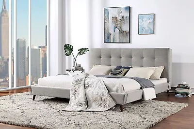 Mid-Century Modern Gray Fabric Tufted Upholstered 1pc Queen Size Bed Bedroom • $999.99