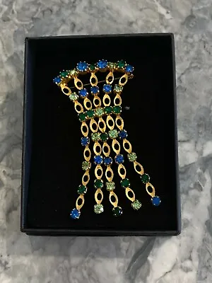 Vintage Large Brooch Articulated  With Blue And Green Foil Back Czech Stones • $31.13