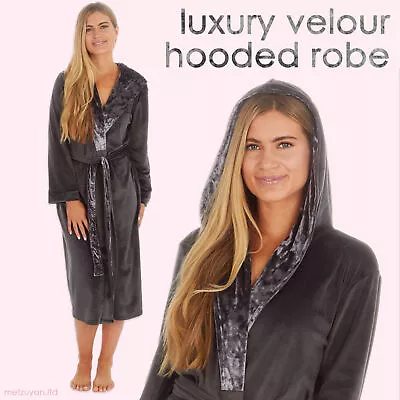 Ladies Womens Dressing Gown Long Size 8 10 12 14 16 18 20 22 Velour Hood Pockets • £24.99