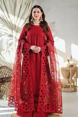 Pakistani Designer Embroidered Red Cotton Suit Unstitched 3 PC Shalwar Kameez • £36.99