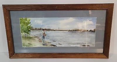 Vintage Mississippi River Fisherman Landscape Original Watercolor Framed Signed • $125