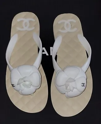 Auth. Chanel Camellia Flower Cc  White Rubber Thong Slip On Flat Sandals 37/6.5 • $349