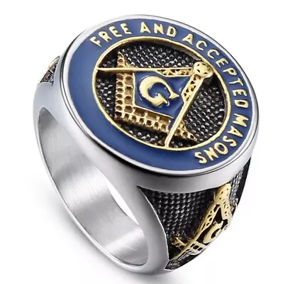 Stainless Masonic Ring Freemason Accepted Men Blue Gold G Square Compass Eye US • $10.99