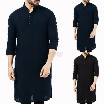 Hot Mens Kurta Pakistan Pajama Indian 100% Cotton Ethnic Plain Long Sleeve Shirt • £20.54