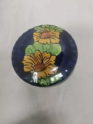 Vintage MEXICAN POTTERY HAND PAINTED  LIDDED ROUND TRINKET BOX FLORAL • $12.99