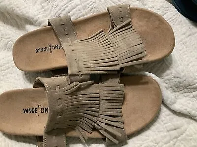 Minnetonka Taupe Suede Leather Sandals Sz 10 Fringe Slide Slip On Shoes  Nice • $14