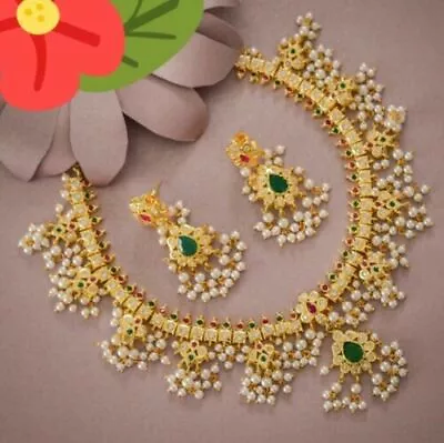 South Indian Bollywood Gold Plated Pearl Wedding Bridal Necklace Earring Jewelry • $71.09