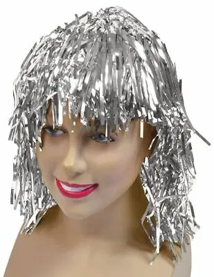 $5.50 • Buy Silver Metallic Tinsel Wig 70s 50s 20s Costume Mens Womens  Disco Fancy Dress Up