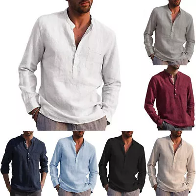 Mens Cuban Beach Linen Henley T-Shirt Casual Long Sleeve Dress Shirt Blouse Tops • $14.99