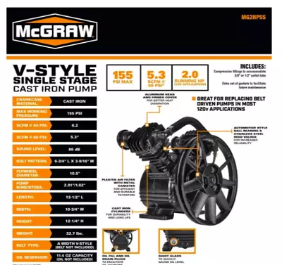 MCGRAW 2 HP 155 PSI V-Style Single Stage Cast Iron Air Compressor Pump   • $224.99