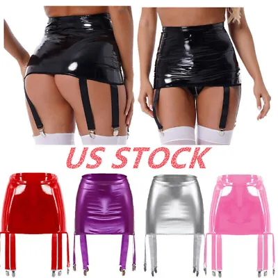 $13.15 • Buy US Women Shiny Leather Sexy Bodycon Mini Skirt + Suspenders Garter Belt Clubwear