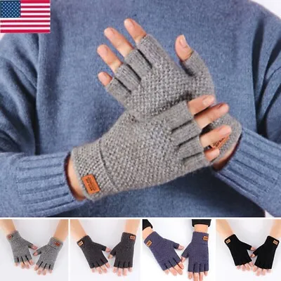 Thermal Fingerless Gloves Mens Womens Knitted Warm Winter Half Finger Mittens US • $8.18