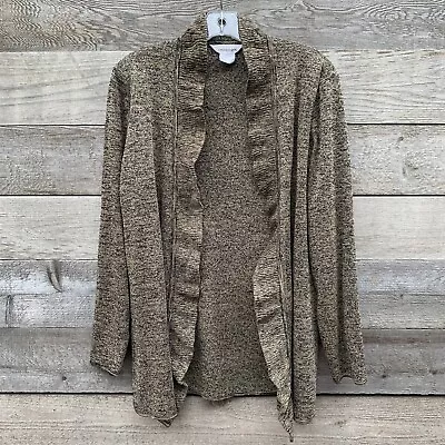 Misook Sweater Jacket Womens M Cardigan Open Ruffle Brown Black Marled Melange • $36.95